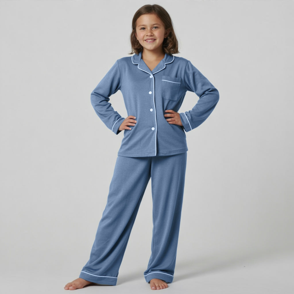 Kids Jersey Long PJ Set - Ocean Blue Melange