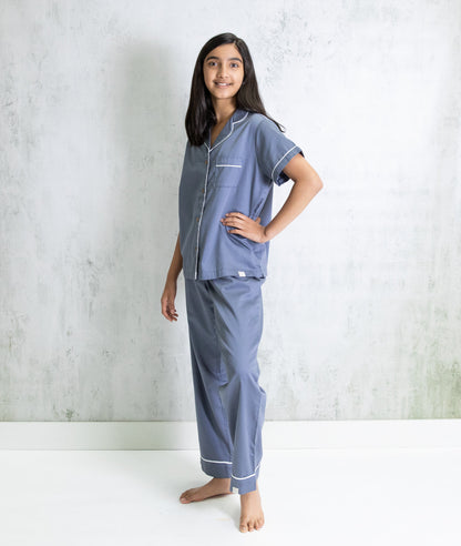 Bhumi Organic Cotton - Kids Sateen Short Sleeve PJ Set - Metallic Blue