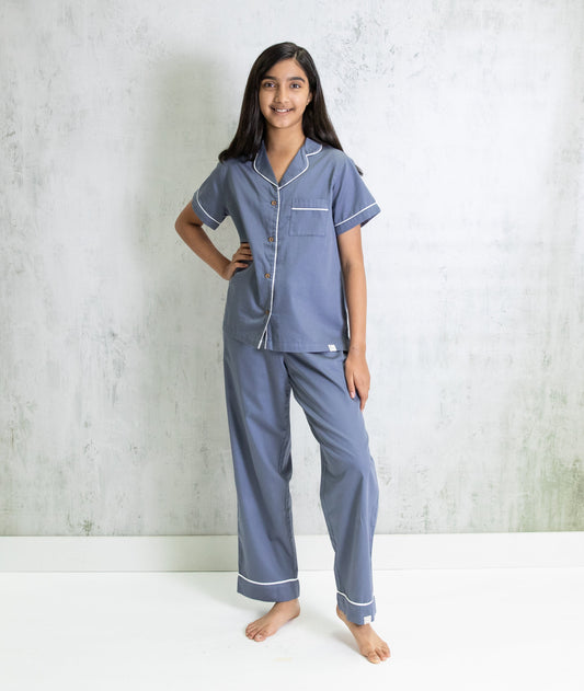 Bhumi Organic Cotton - Kids Sateen Short Sleeve PJ Set - Metallic Blue