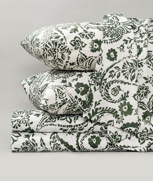 Sateen Sheet Set - Floral - Forest Green